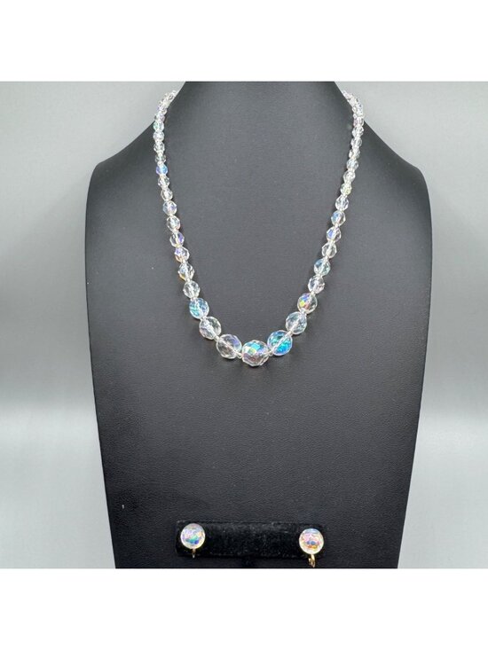 Estate Jewelry - Vintage Crystal Bead Necklace Earrings Aurora Borealis Wedding Bride Prom 19"